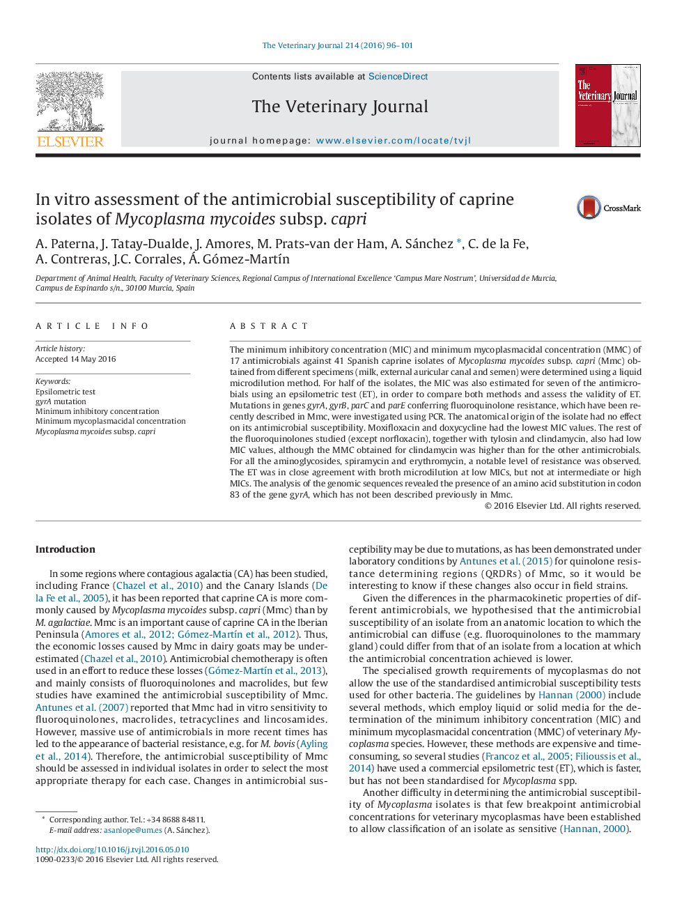 In vitro assessment of the antimicrobial susceptibility of caprine isolates of Mycoplasma mycoides subsp. capri