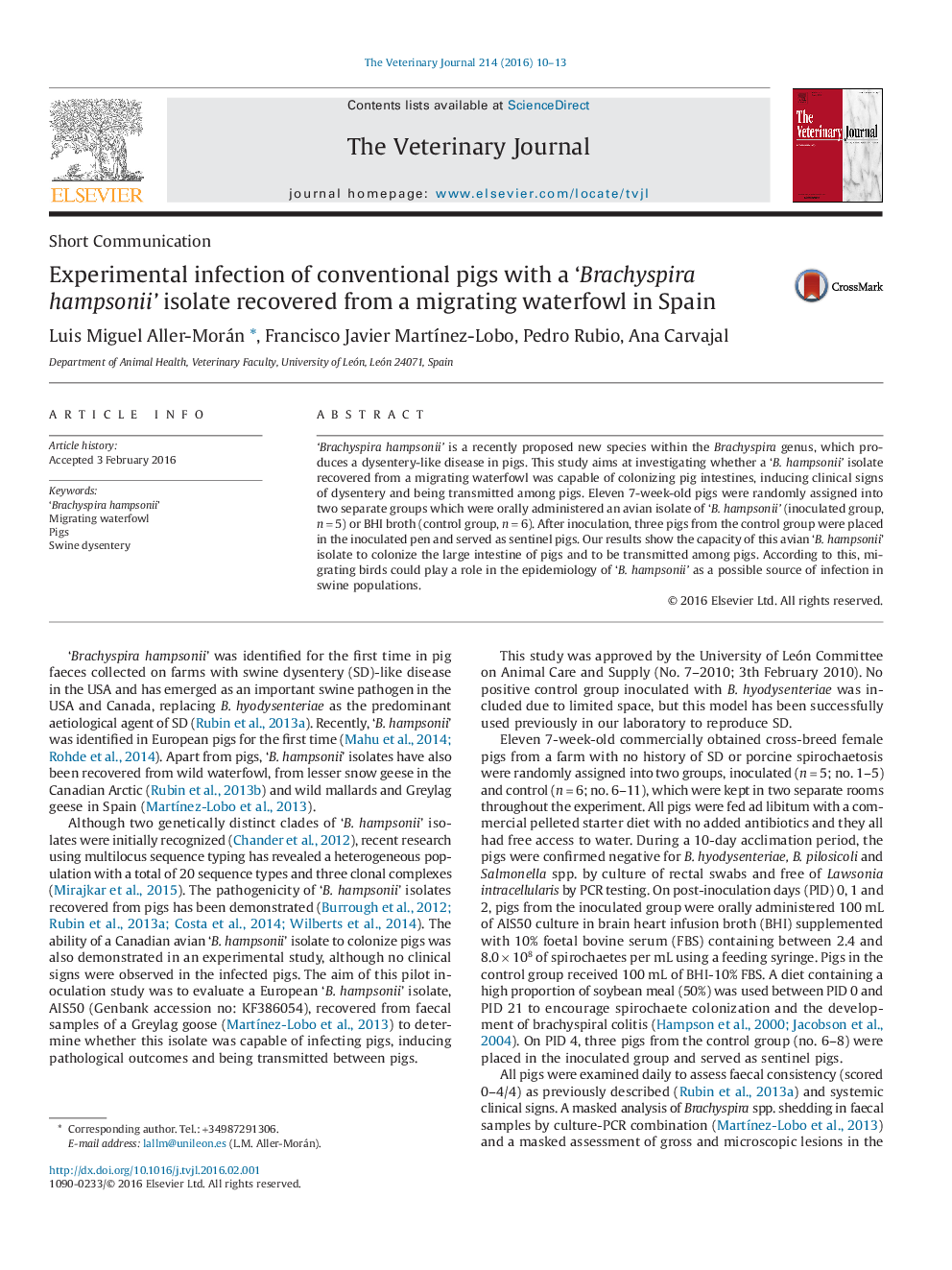 Experimental infection of conventional pigs with a 'Brachyspira hampsonii' isolate recovered from a migrating waterfowl in Spain