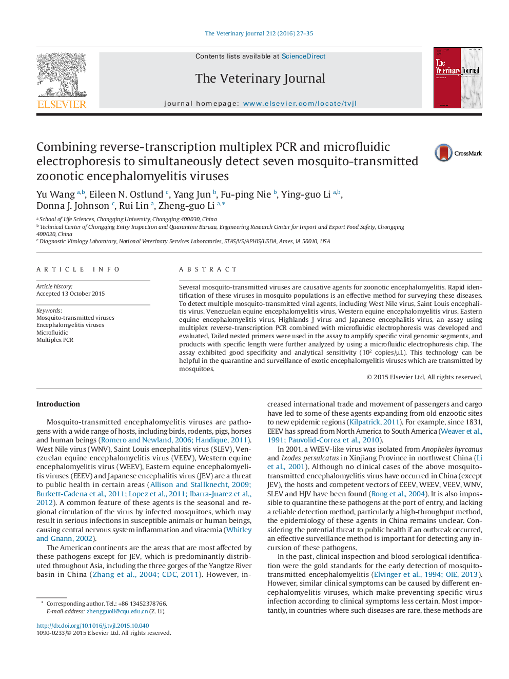 Combining reverse-transcription multiplex PCR and microfluidic electrophoresis to simultaneously detect seven mosquito-transmitted zoonotic encephalomyelitis viruses