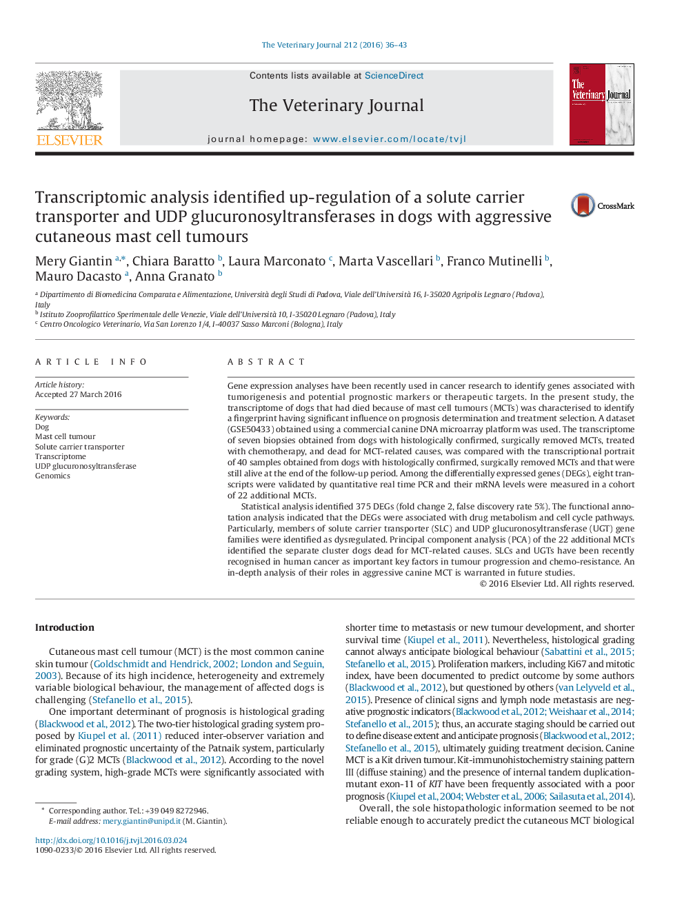 Transcriptomic analysis identified up-regulation of a solute carrier transporter and UDP glucuronosyltransferases in dogs with aggressive cutaneous mast cell tumours