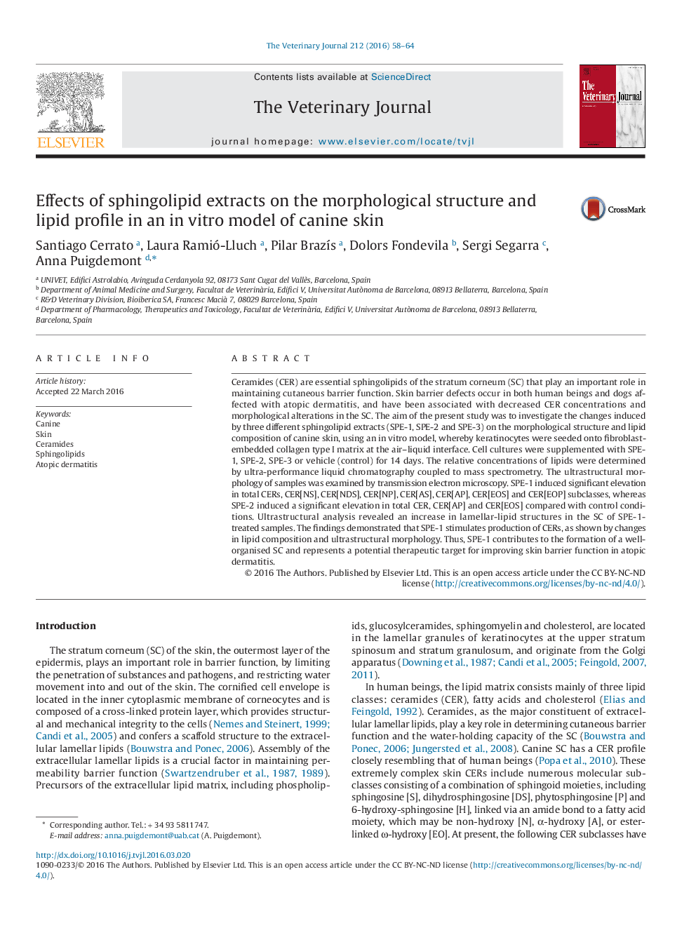 Effects of sphingolipid extracts on the morphological structure and lipid profile in an in vitro model of canine skin