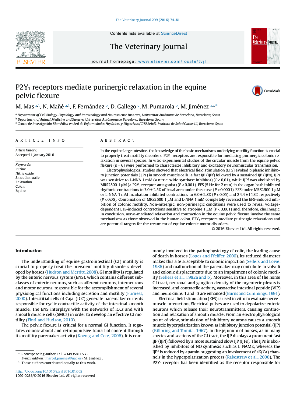 P2Y1 receptors mediate purinergic relaxation in the equine pelvic flexure