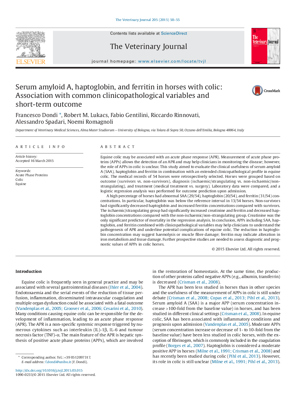 Serum amyloid A, haptoglobin, and ferritin in horses with colic: Association with common clinicopathological variables and short-term outcome