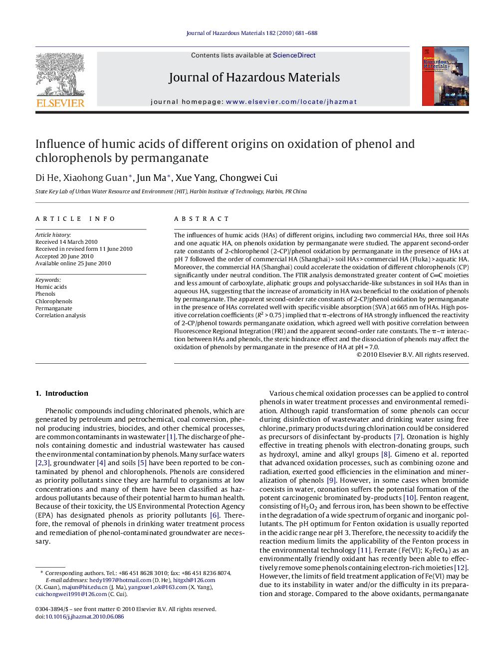 Influence of humic acids of different origins on oxidation of phenol and chlorophenols by permanganate
