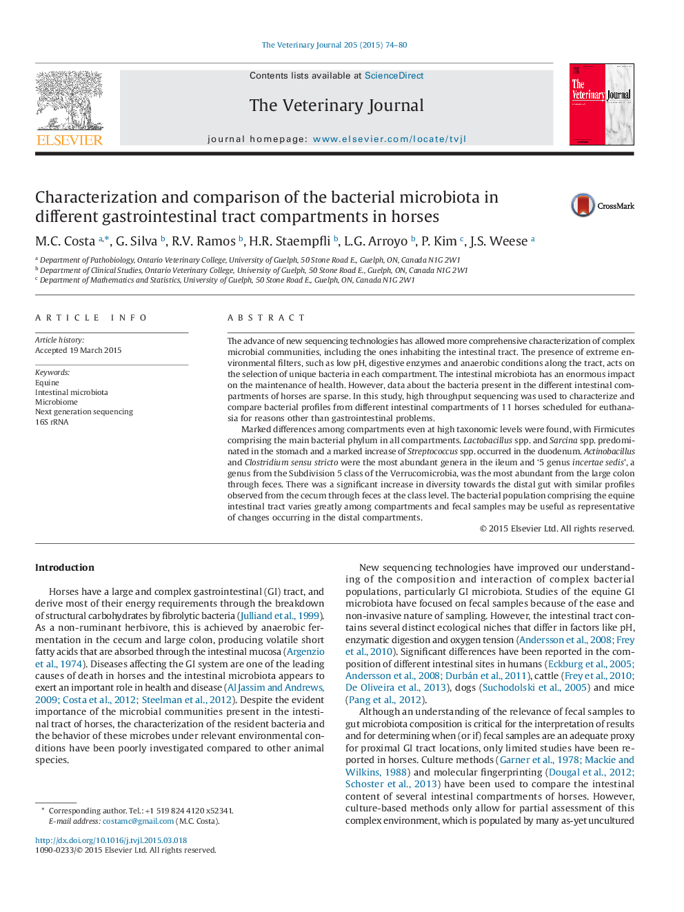 Characterization and comparison of the bacterial microbiota in different gastrointestinal tract compartments in horses