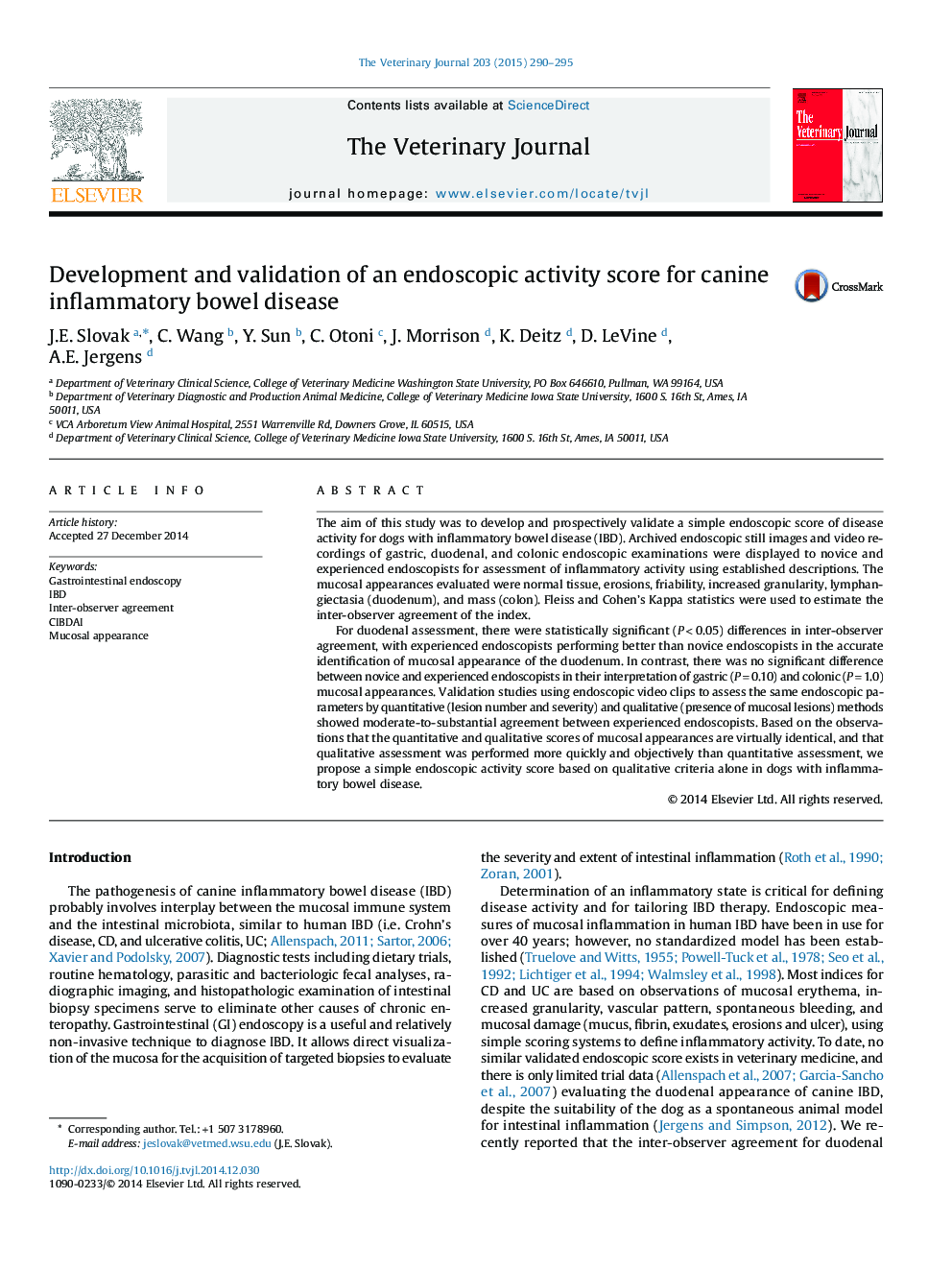 Development and validation of an endoscopic activity score for canine inflammatory bowel disease