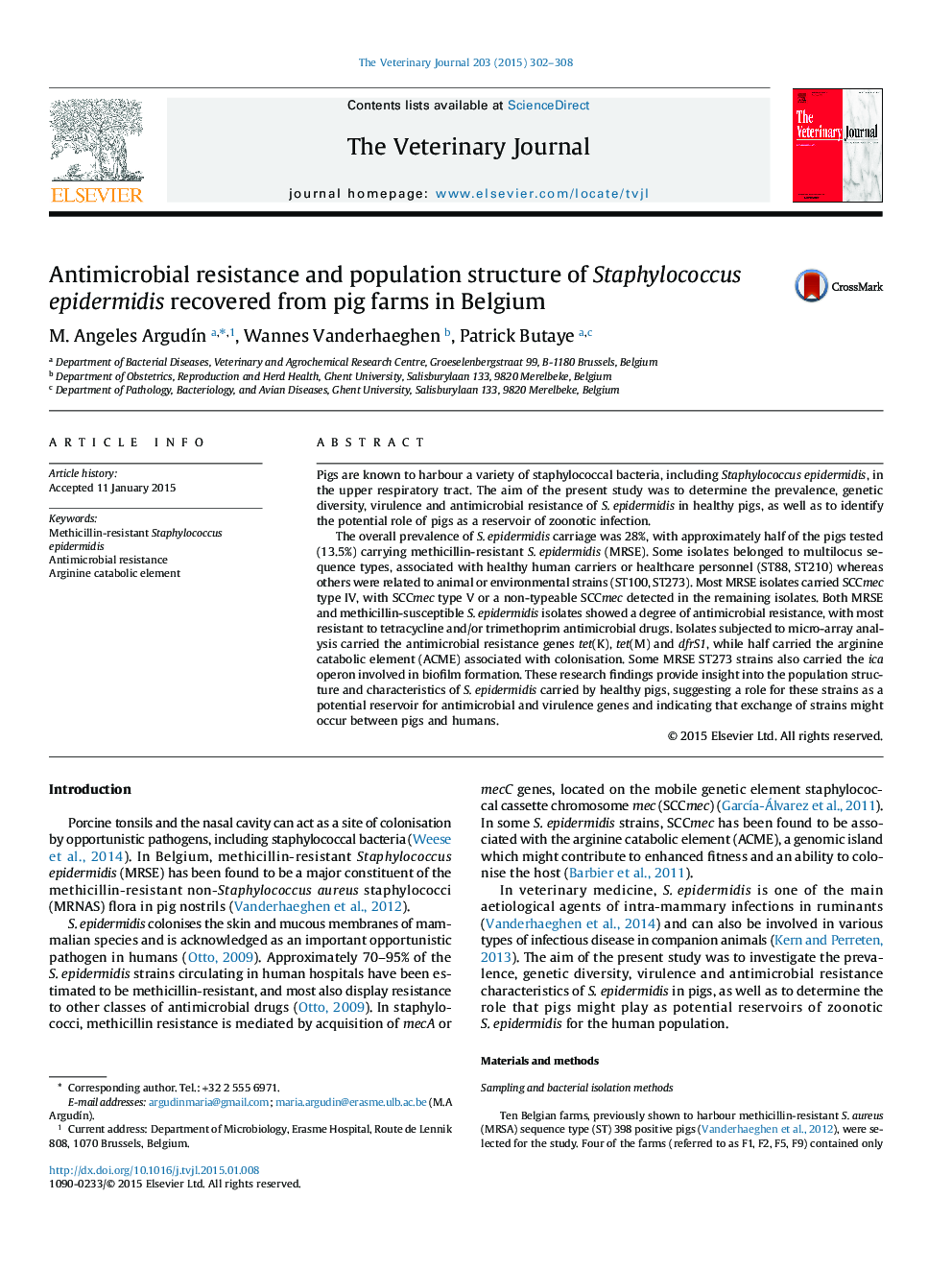 Antimicrobial resistance and population structure of Staphylococcus epidermidis recovered from pig farms in Belgium