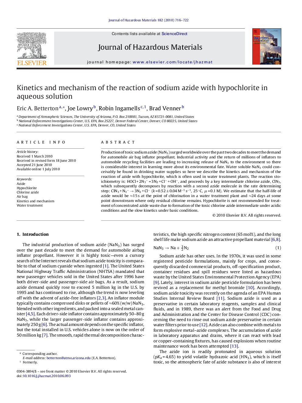 Kinetics and mechanism of the reaction of sodium azide with hypochlorite in aqueous solution