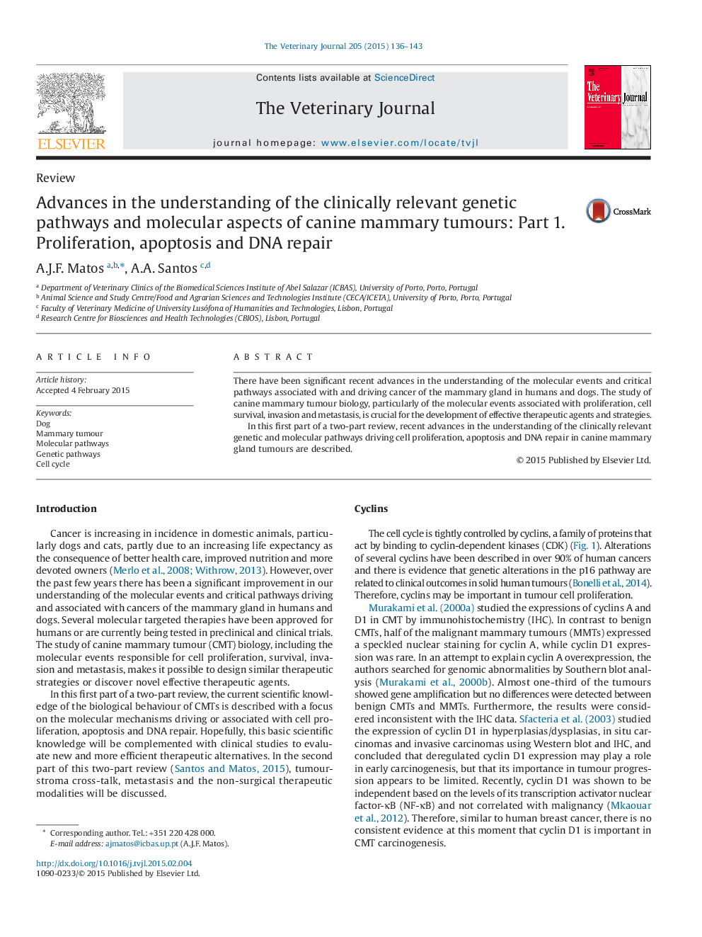 Advances in the understanding of the clinically relevant genetic pathways and molecular aspects of canine mammary tumours: Part 1. Proliferation, apoptosis and DNA repair