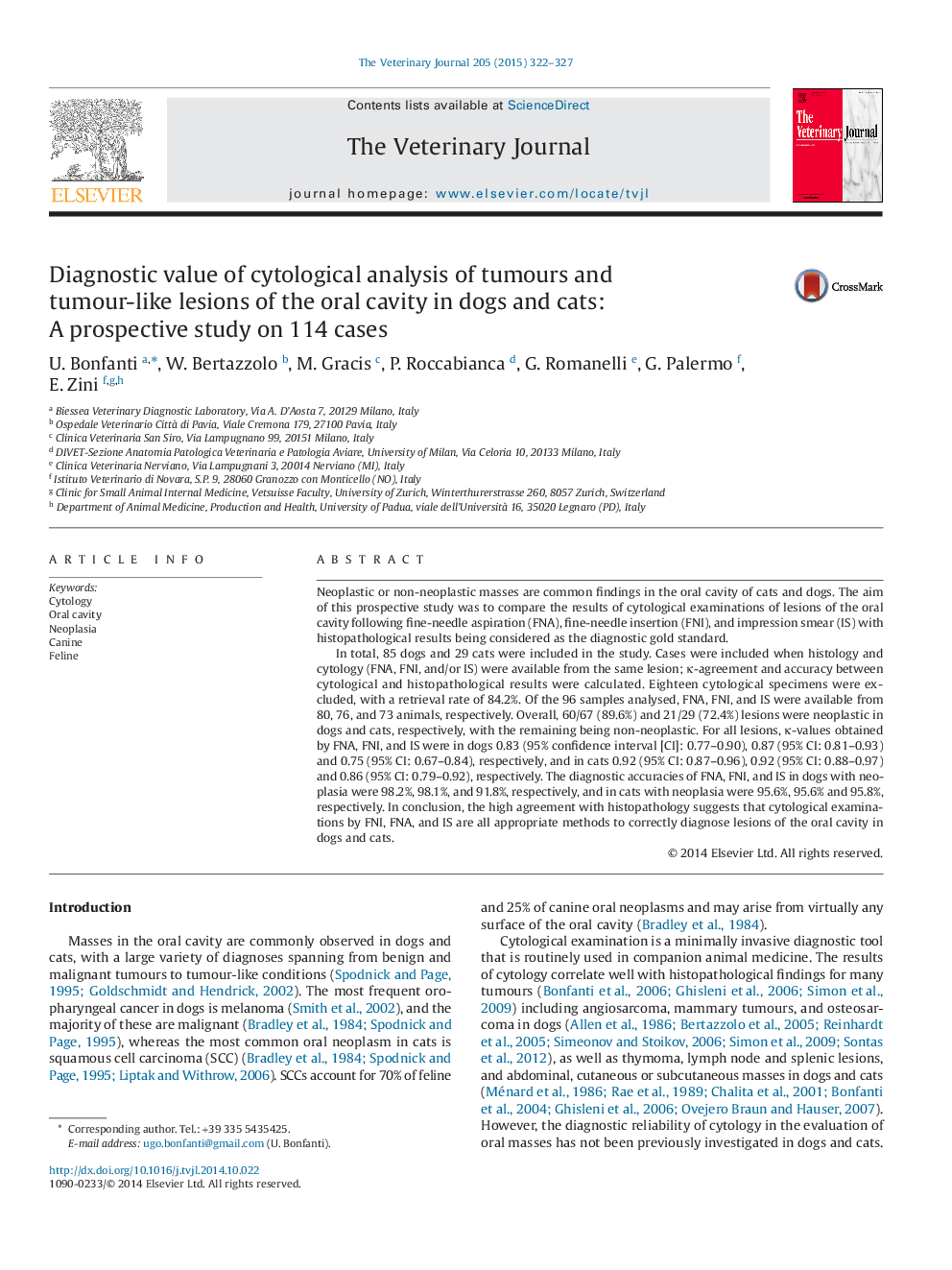 Diagnostic value of cytological analysis of tumours and tumour-like lesions of the oral cavity in dogs and cats: A prospective study on 114 cases