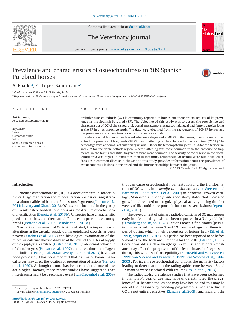 Prevalence and characteristics of osteochondrosis in 309 Spanish Purebred horses