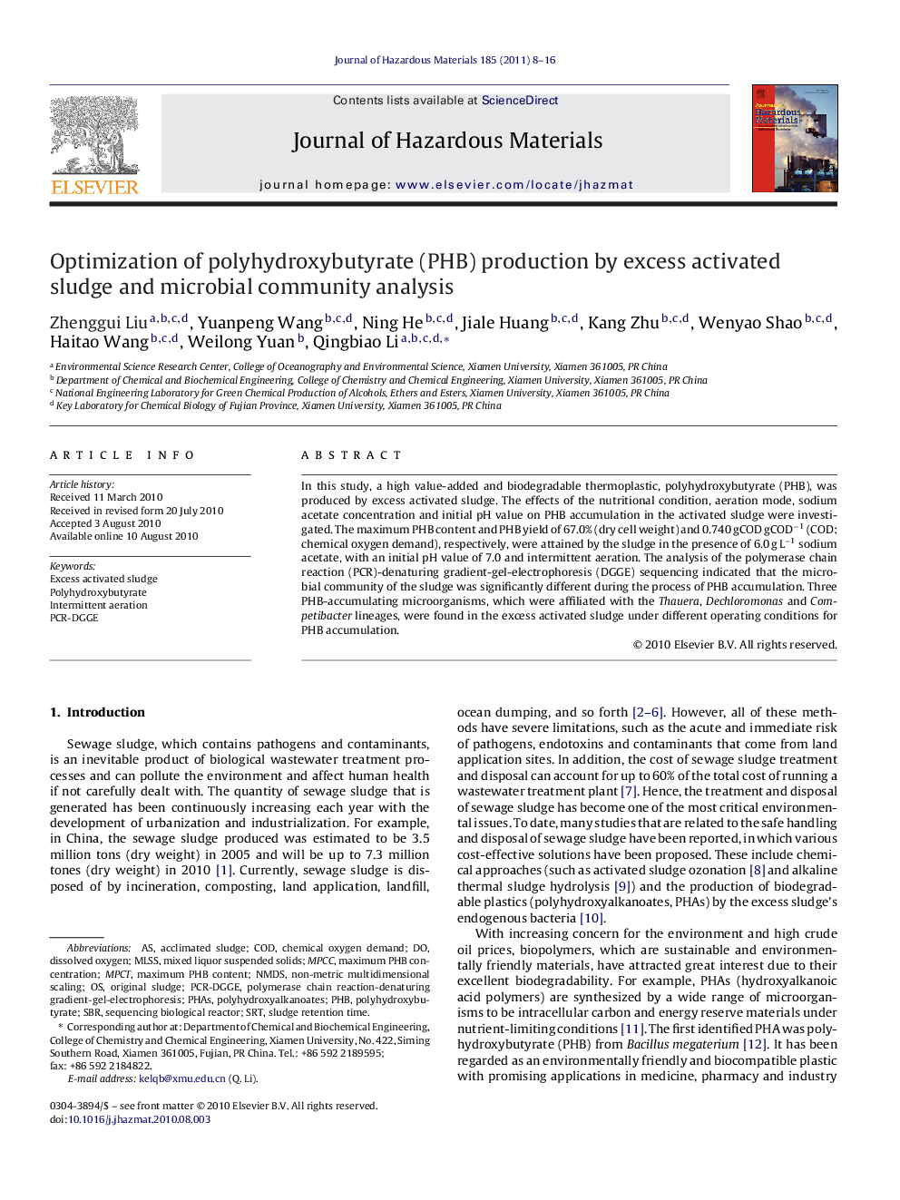 Optimization of polyhydroxybutyrate (PHB) production by excess activated sludge and microbial community analysis