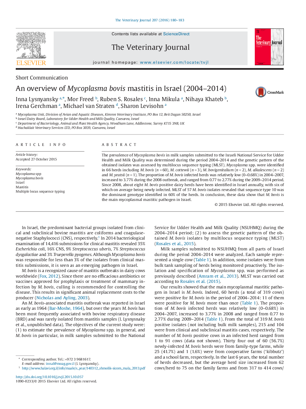 An overview of Mycoplasma bovis mastitis in Israel (2004-2014)