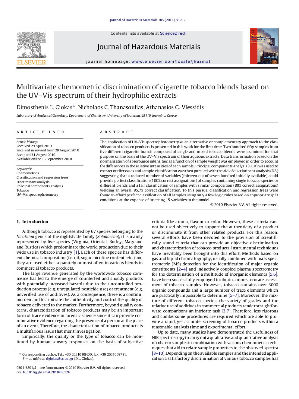 Multivariate chemometric discrimination of cigarette tobacco blends based on the UV-Vis spectrum of their hydrophilic extracts