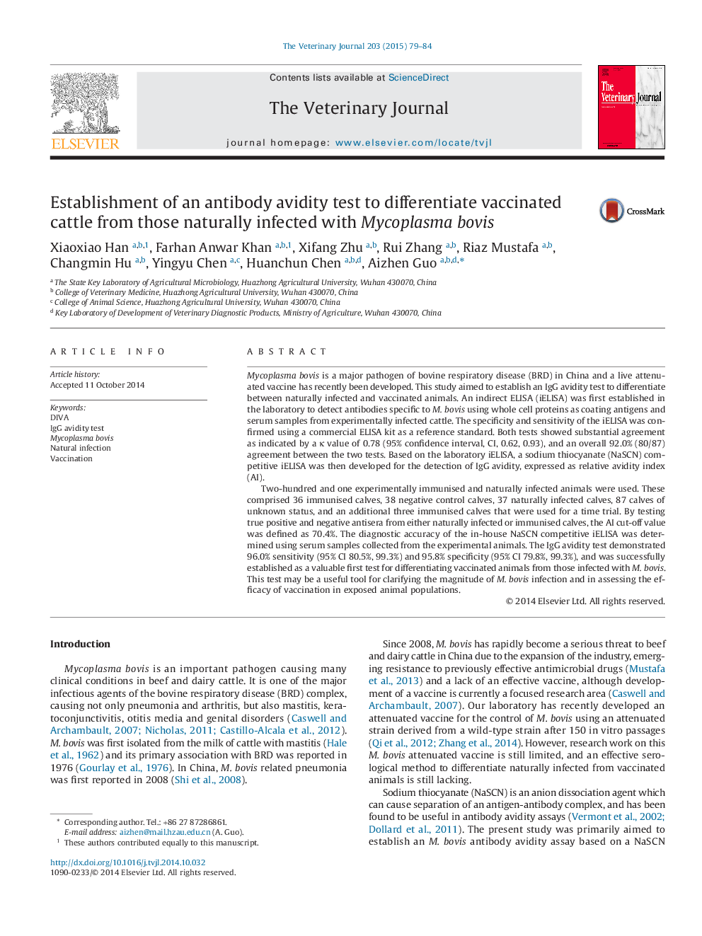 Establishment of an antibody avidity test to differentiate vaccinated cattle from those naturally infected with Mycoplasma bovis