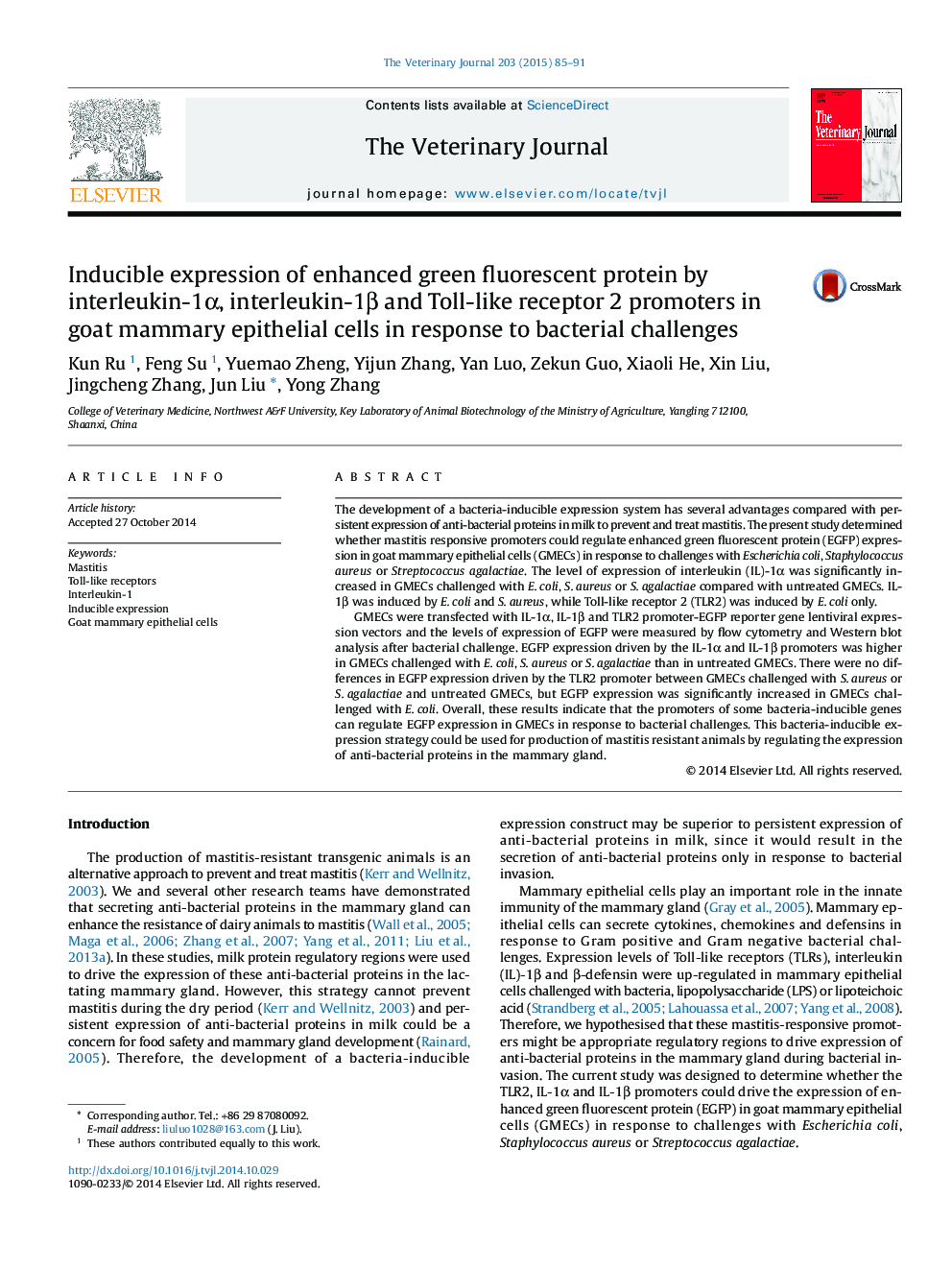 Inducible expression of enhanced green fluorescent protein by interleukin-1Î±, interleukin-1Î² and Toll-like receptor 2 promoters in goat mammary epithelial cells in response to bacterial challenges