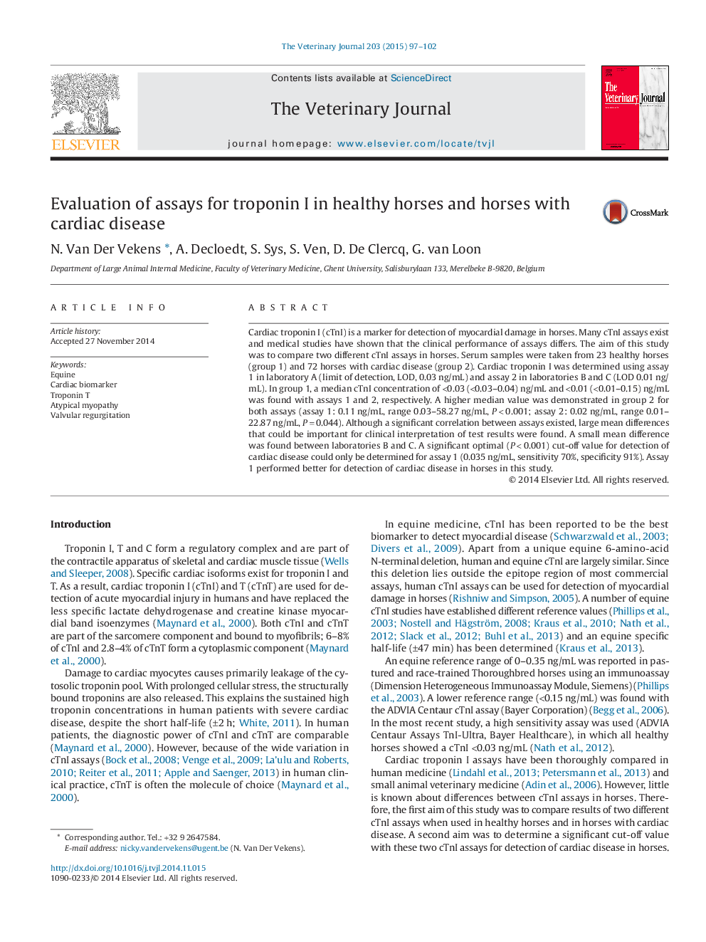 Evaluation of assays for troponin I in healthy horses and horses with cardiac disease