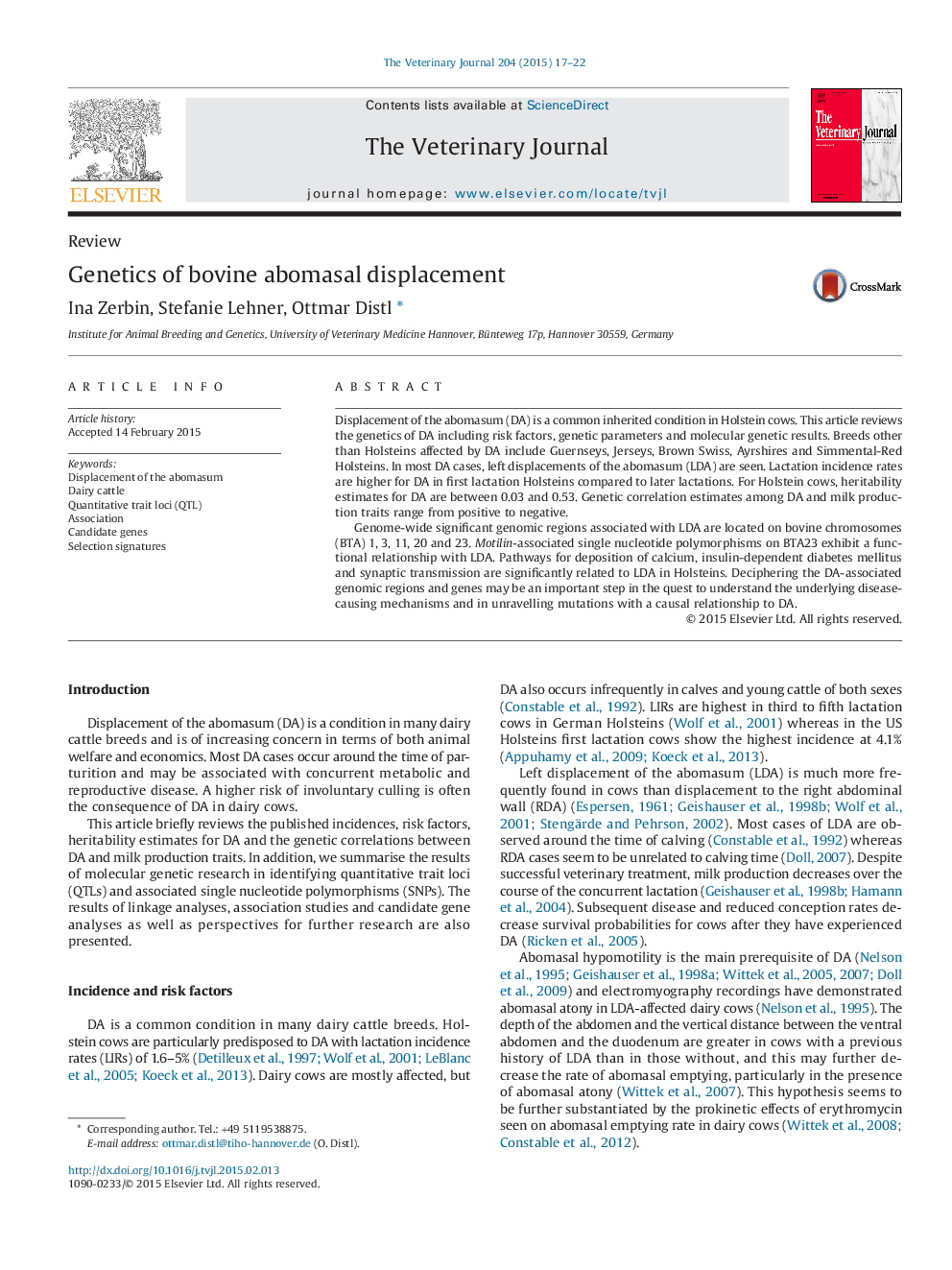 Genetics of bovine abomasal displacement