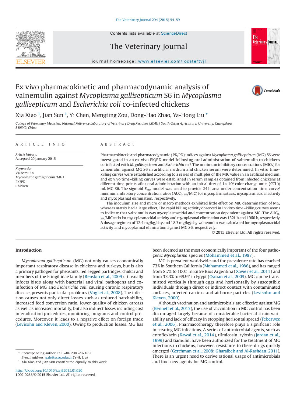 Ex vivo pharmacokinetic and pharmacodynamic analysis of valnemulin against Mycoplasma gallisepticum S6 in Mycoplasma gallisepticum and Escherichia coli co-infected chickens