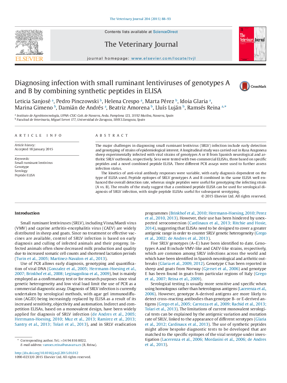 Diagnosing infection with small ruminant lentiviruses of genotypes A and B by combining synthetic peptides in ELISA