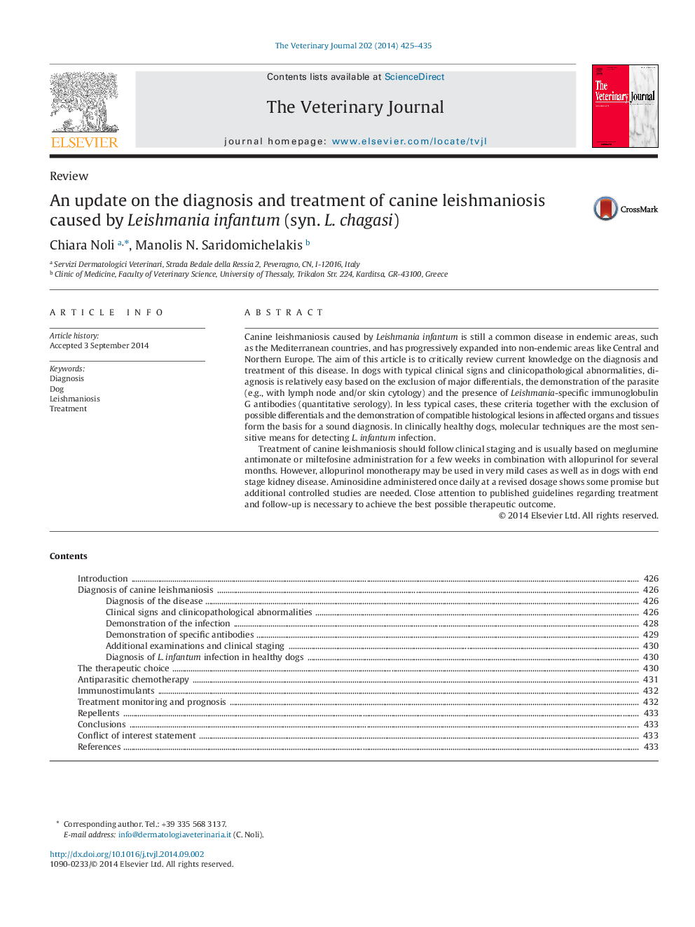 عکس صفحه اول مقاله: An update on the diagnosis and treatment of canine leishmaniosis caused by Leishmania infantum (syn. L.âchagasi) An update on the diagnosis and treatment of canine leishmaniosis caused by Leishmania infantum (syn. L.âchagasi)
