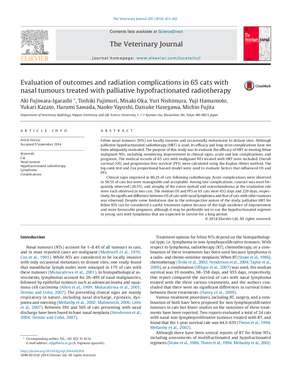 Evaluation of outcomes and radiation complications in 65 cats with nasal tumours treated with palliative hypofractionated radiotherapy