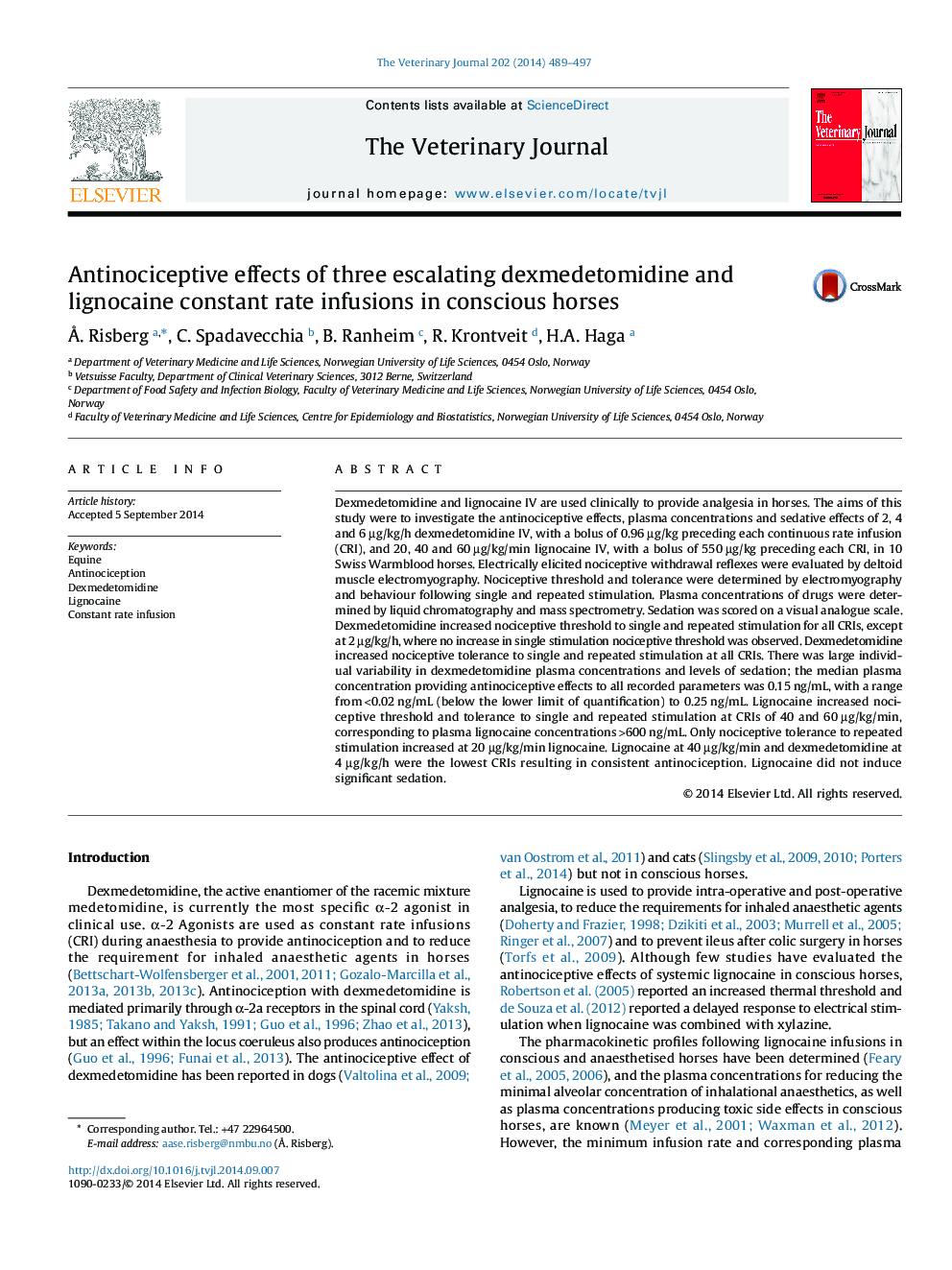 Antinociceptive effects of three escalating dexmedetomidine and lignocaine constant rate infusions in conscious horses