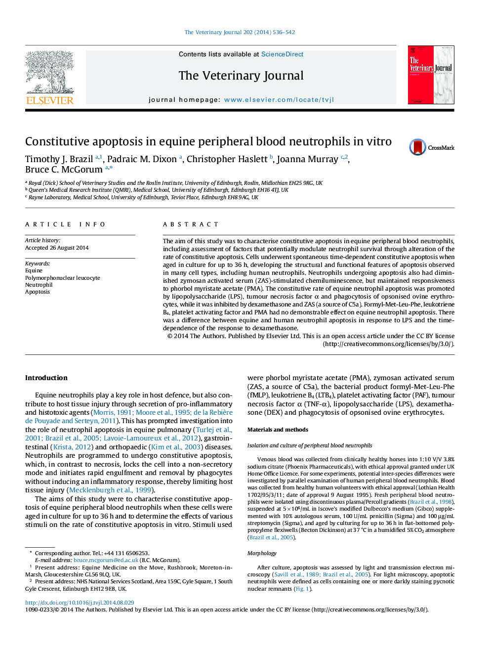 Constitutive apoptosis in equine peripheral blood neutrophils in vitro