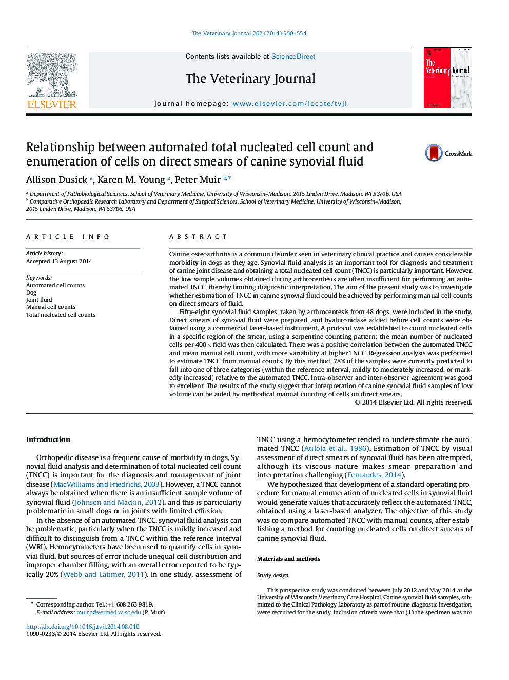 Relationship between automated total nucleated cell count and enumeration of cells on direct smears of canine synovial fluid