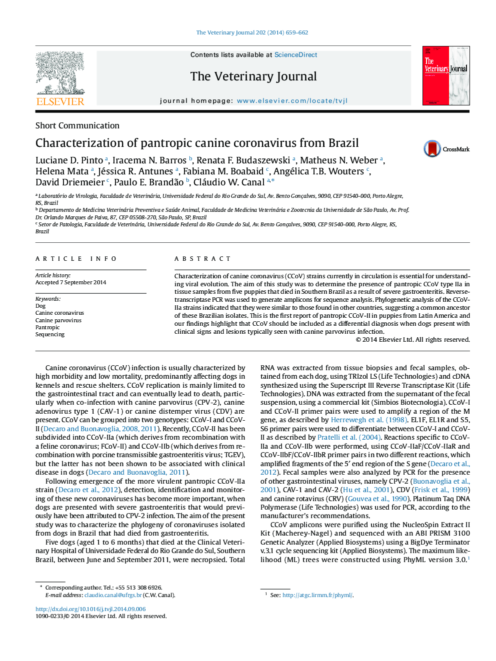 Characterization of pantropic canine coronavirus from Brazil