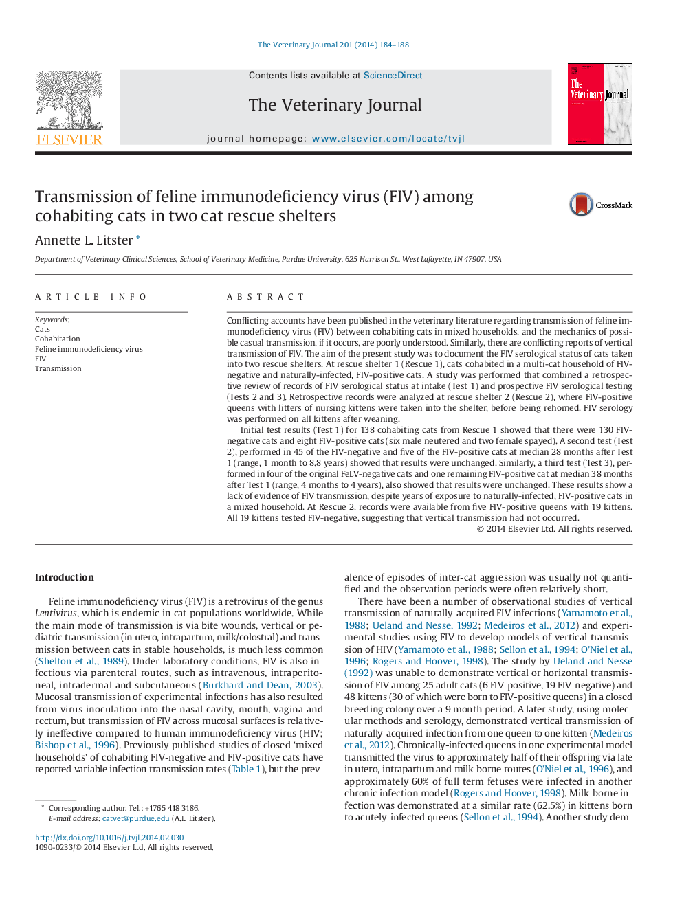 Transmission of feline immunodeficiency virus (FIV) among cohabiting cats in two cat rescue shelters