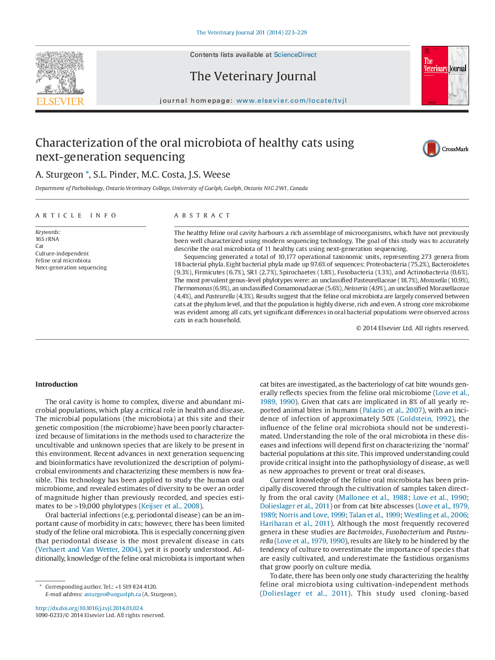 Characterization of the oral microbiota of healthy cats using next-generation sequencing