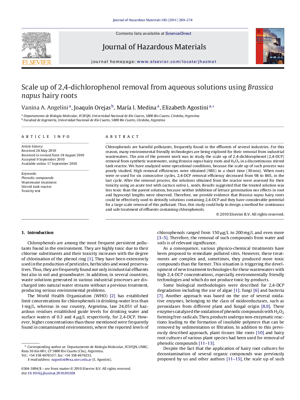 Scale up of 2,4-dichlorophenol removal from aqueous solutions using Brassica napus hairy roots