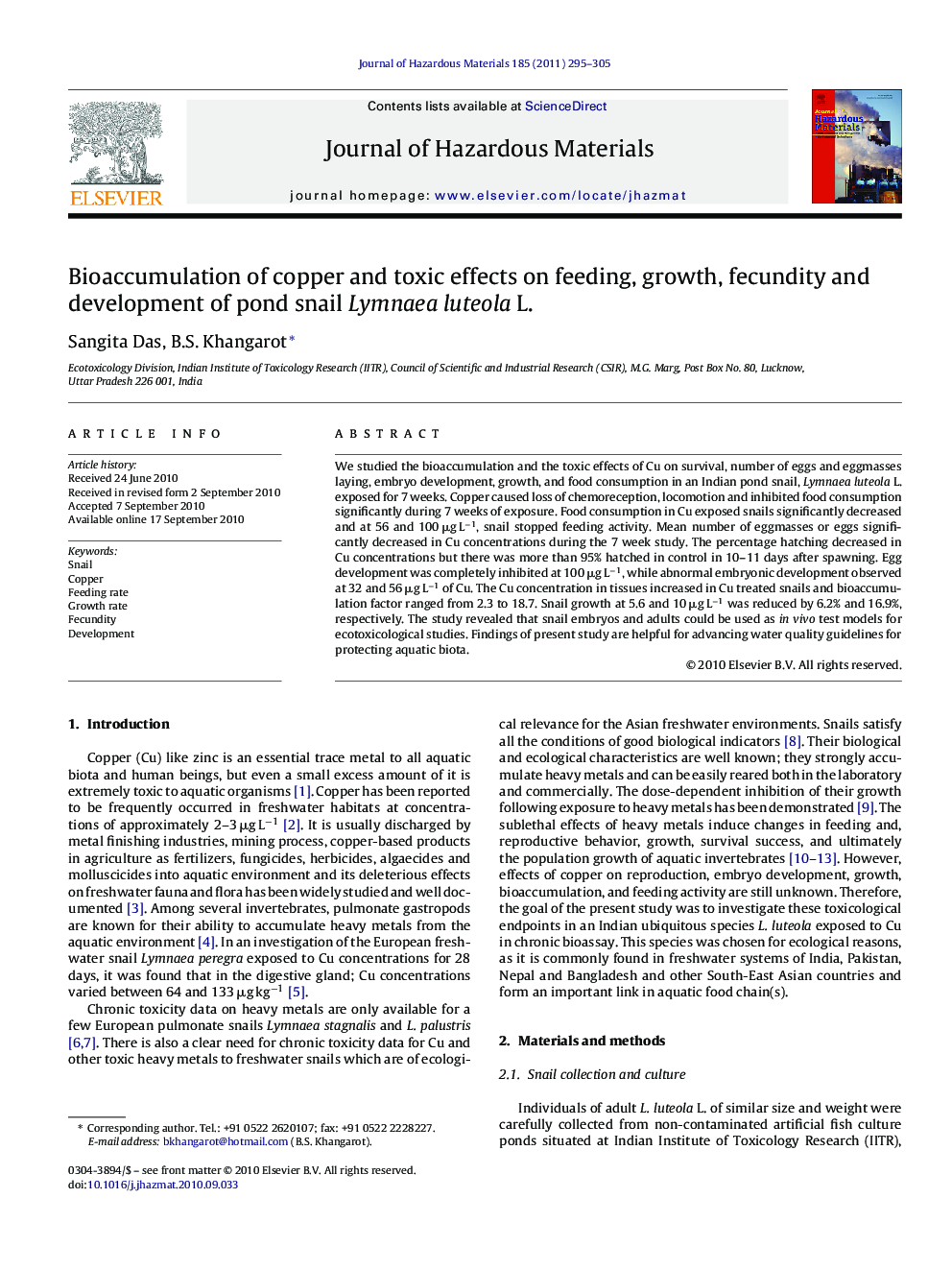 Bioaccumulation of copper and toxic effects on feeding, growth, fecundity and development of pond snail Lymnaea luteola L.