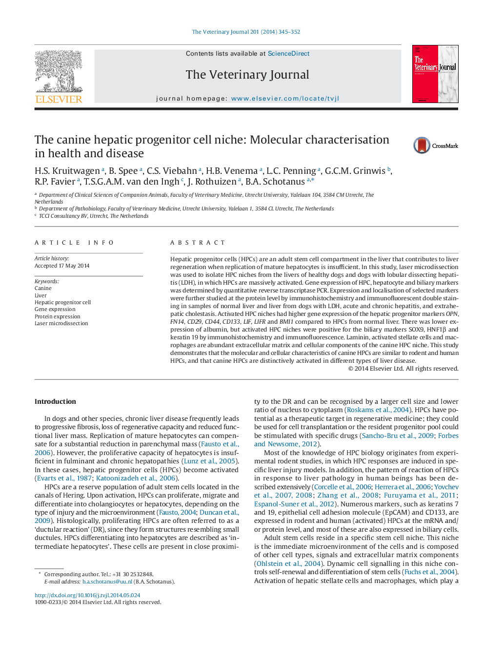 The canine hepatic progenitor cell niche: Molecular characterisation in health and disease