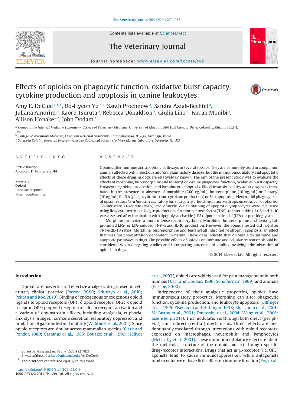 Effects of opioids on phagocytic function, oxidative burst capacity, cytokine production and apoptosis in canine leukocytes