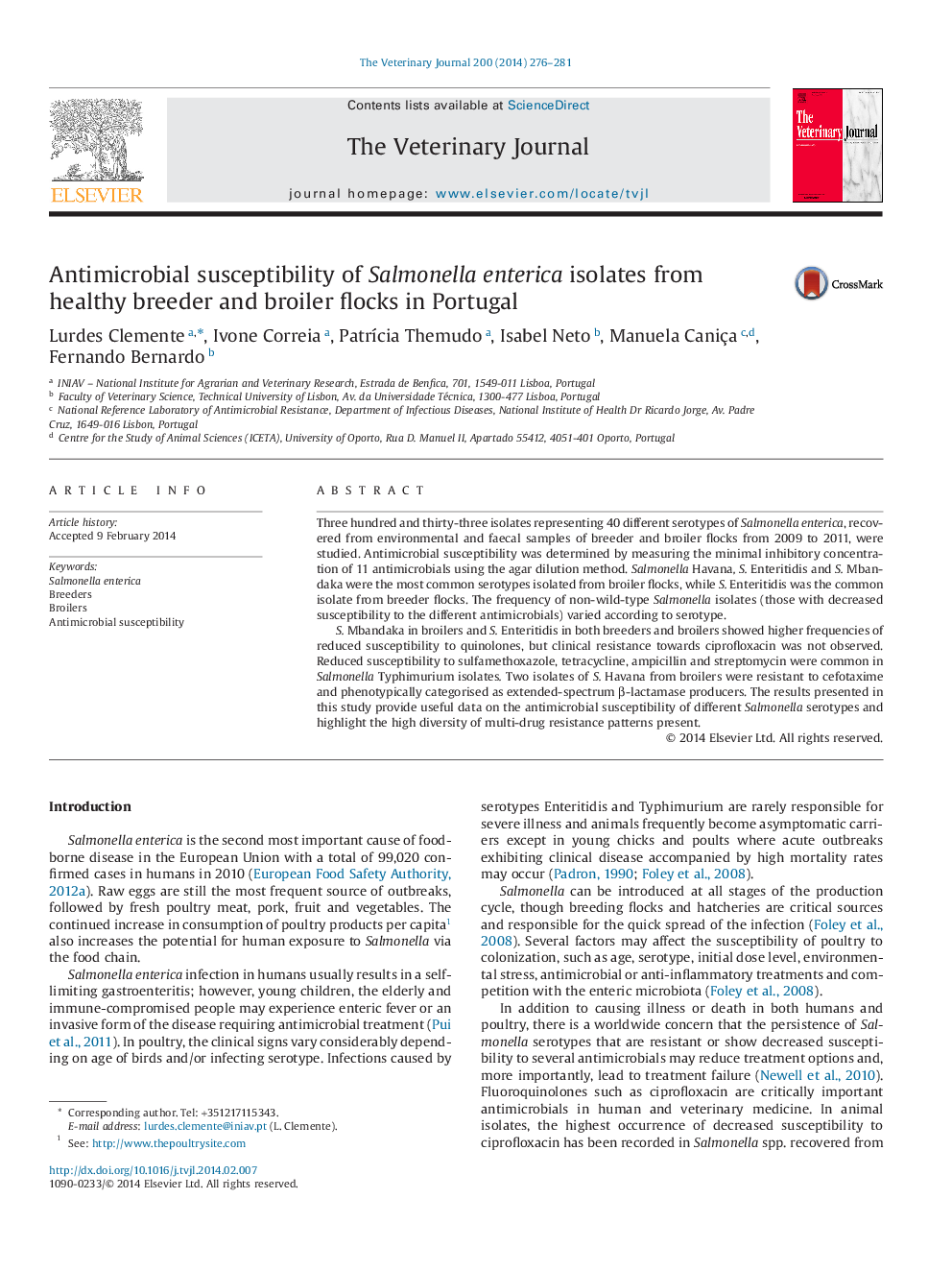 Antimicrobial susceptibility of Salmonella enterica isolates from healthy breeder and broiler flocks in Portugal