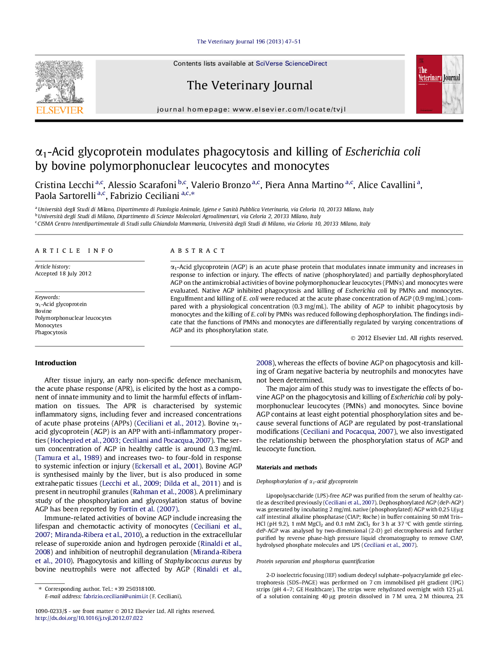 Î±1-Acid glycoprotein modulates phagocytosis and killing of Escherichia coli by bovine polymorphonuclear leucocytes and monocytes