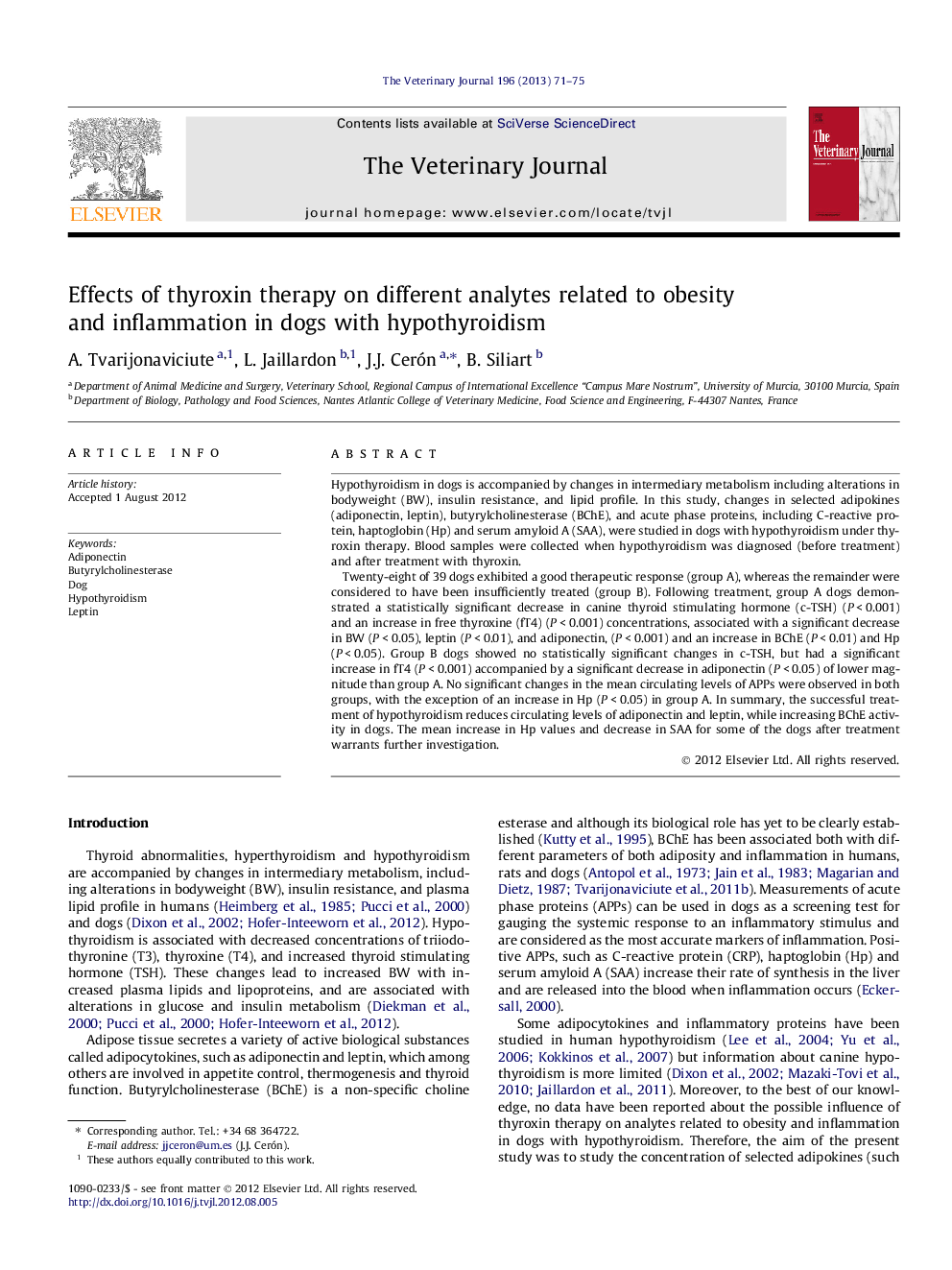 Effects of thyroxin therapy on different analytes related to obesity and inflammation in dogs with hypothyroidism