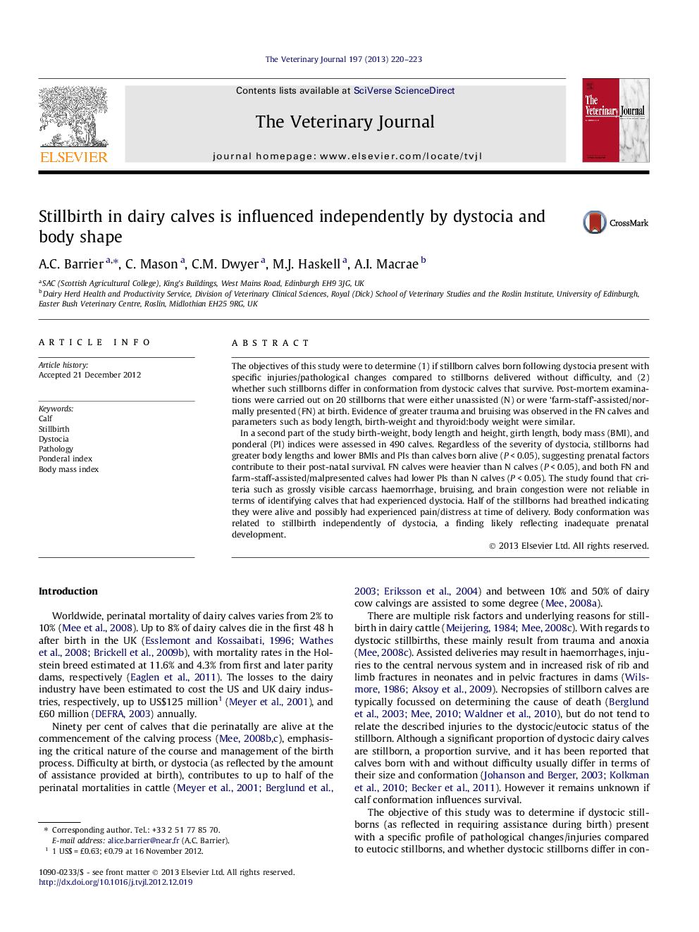 Stillbirth in dairy calves is influenced independently by dystocia and body shape