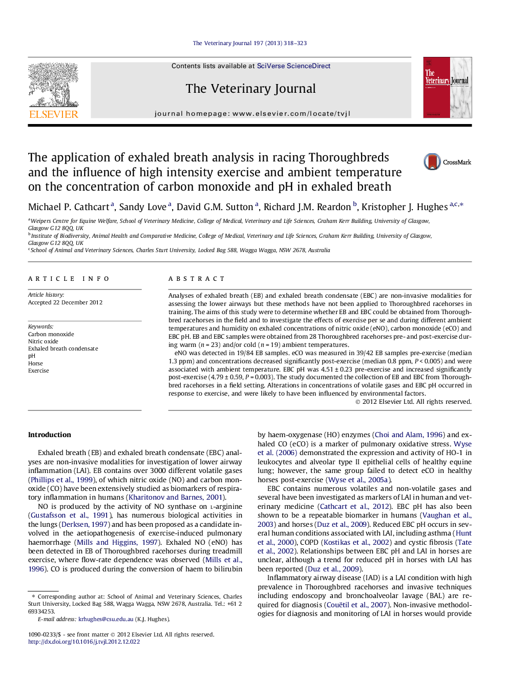 The application of exhaled breath analysis in racing Thoroughbreds and the influence of high intensity exercise and ambient temperature on the concentration of carbon monoxide and pH in exhaled breath