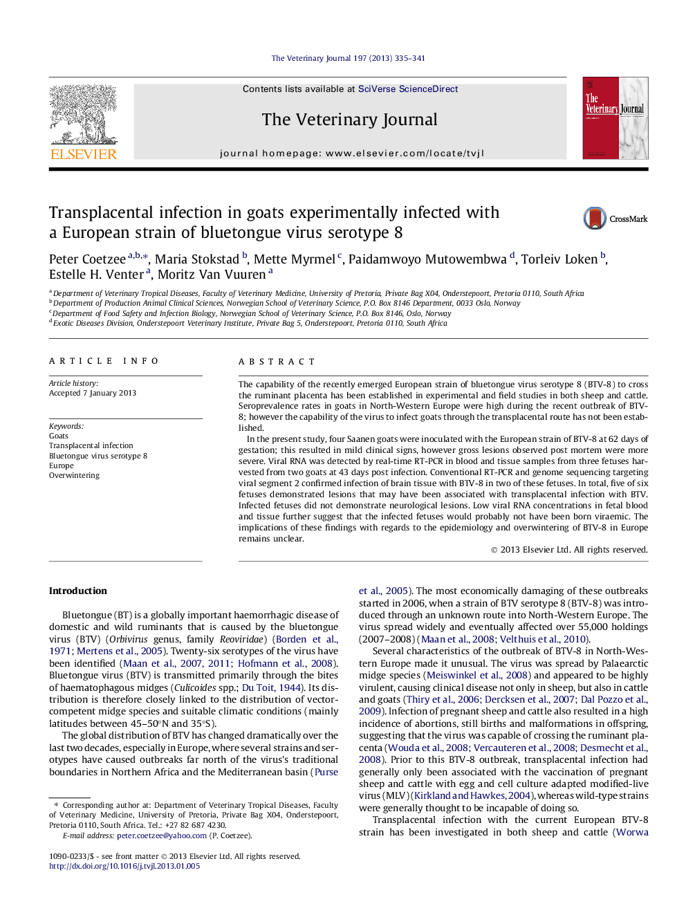 Transplacental infection in goats experimentally infected with a European strain of bluetongue virus serotype 8