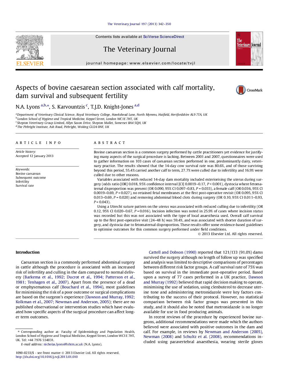 Aspects of bovine caesarean section associated with calf mortality, dam survival and subsequent fertility