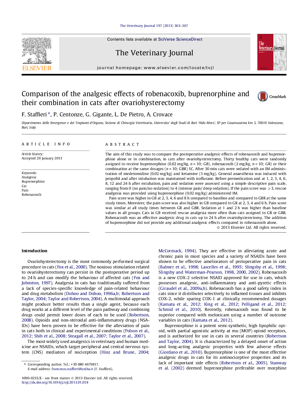 Comparison of the analgesic effects of robenacoxib, buprenorphine and their combination in cats after ovariohysterectomy