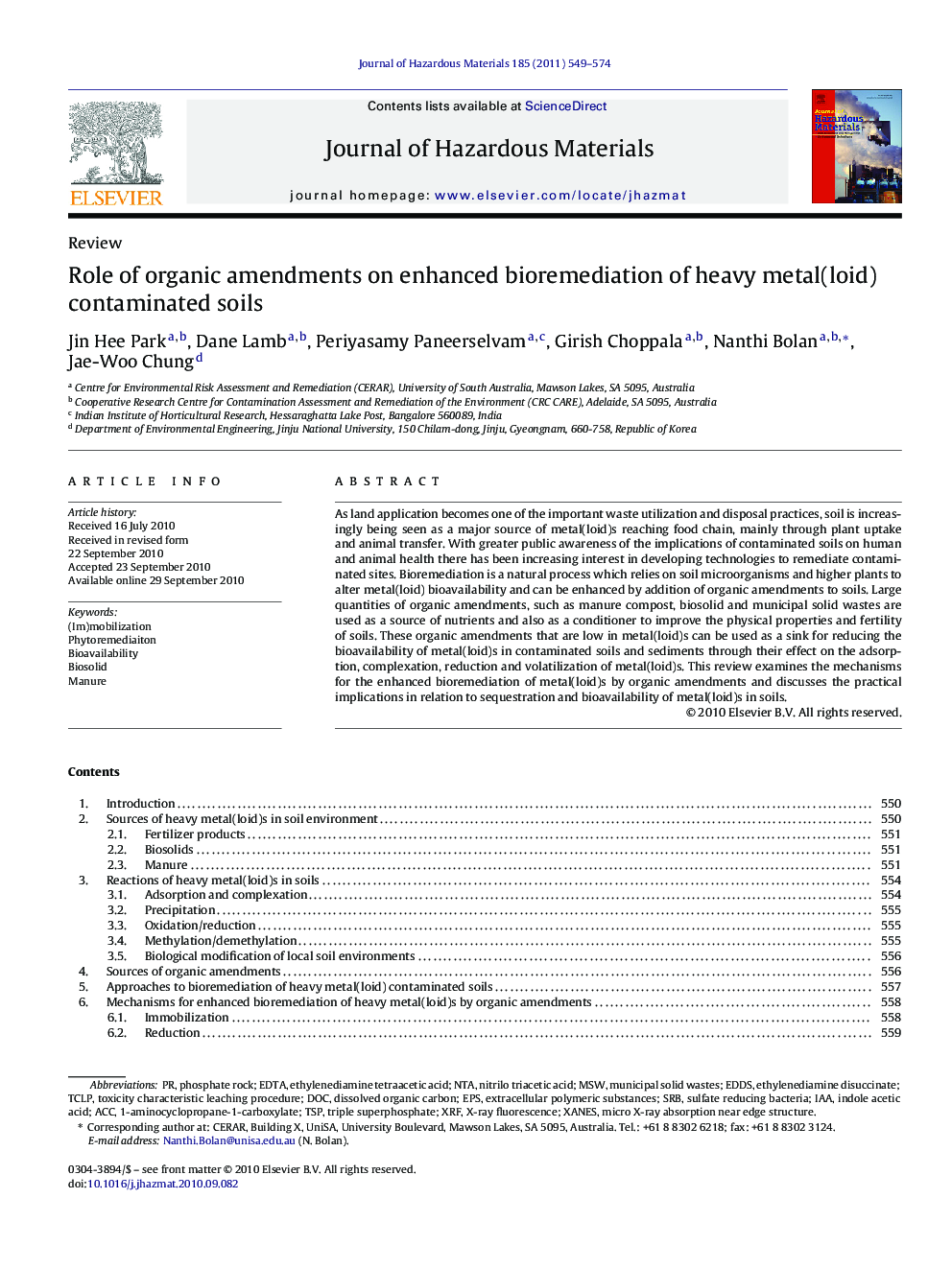 عکس صفحه اول مقاله: Role of organic amendments on enhanced bioremediation of heavy metal(loid) contaminated soils Role of organic amendments on enhanced bioremediation of heavy metal(loid) contaminated soils