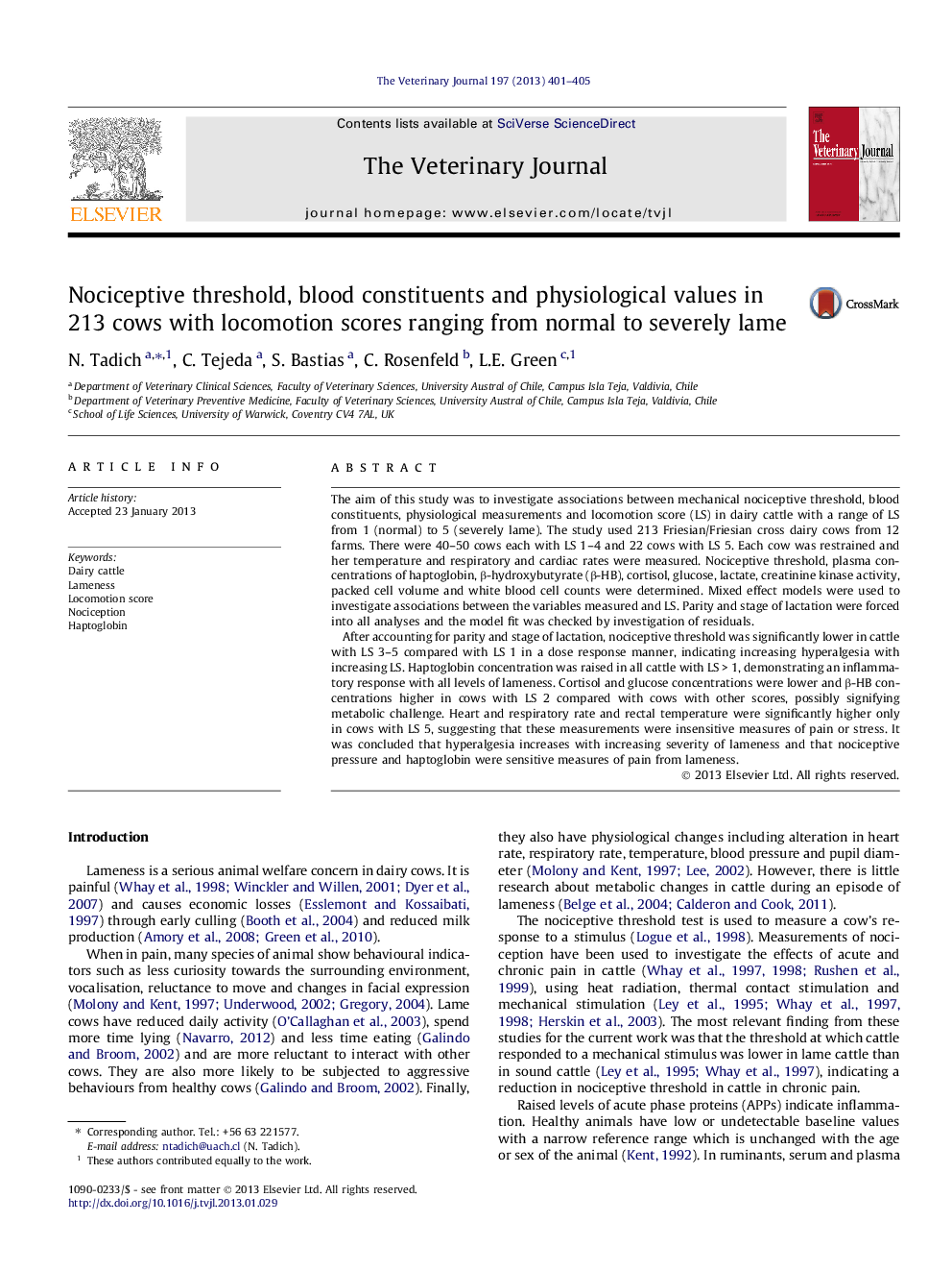 Nociceptive threshold, blood constituents and physiological values in 213 cows with locomotion scores ranging from normal to severely lame