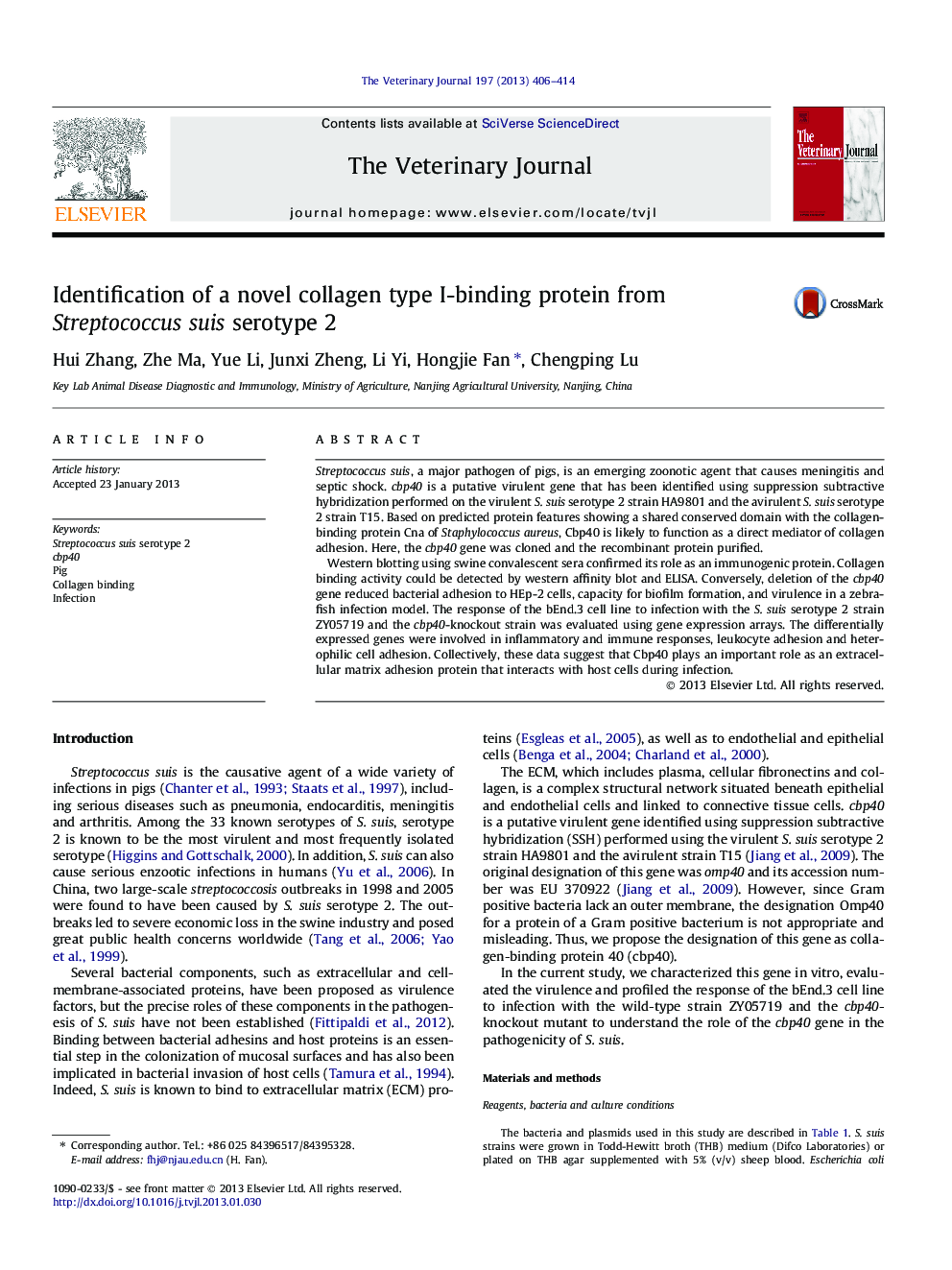 Identification of a novel collagen type Ð-binding protein from Streptococcus suis serotype 2