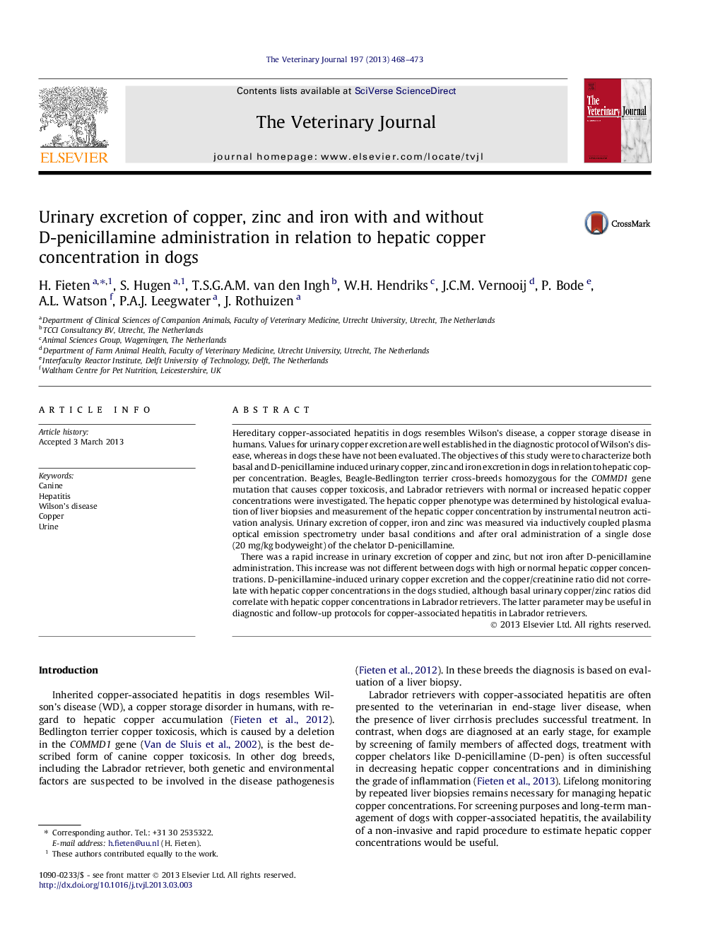 Urinary excretion of copper, zinc and iron with and without D-penicillamine administration in relation to hepatic copper concentration in dogs