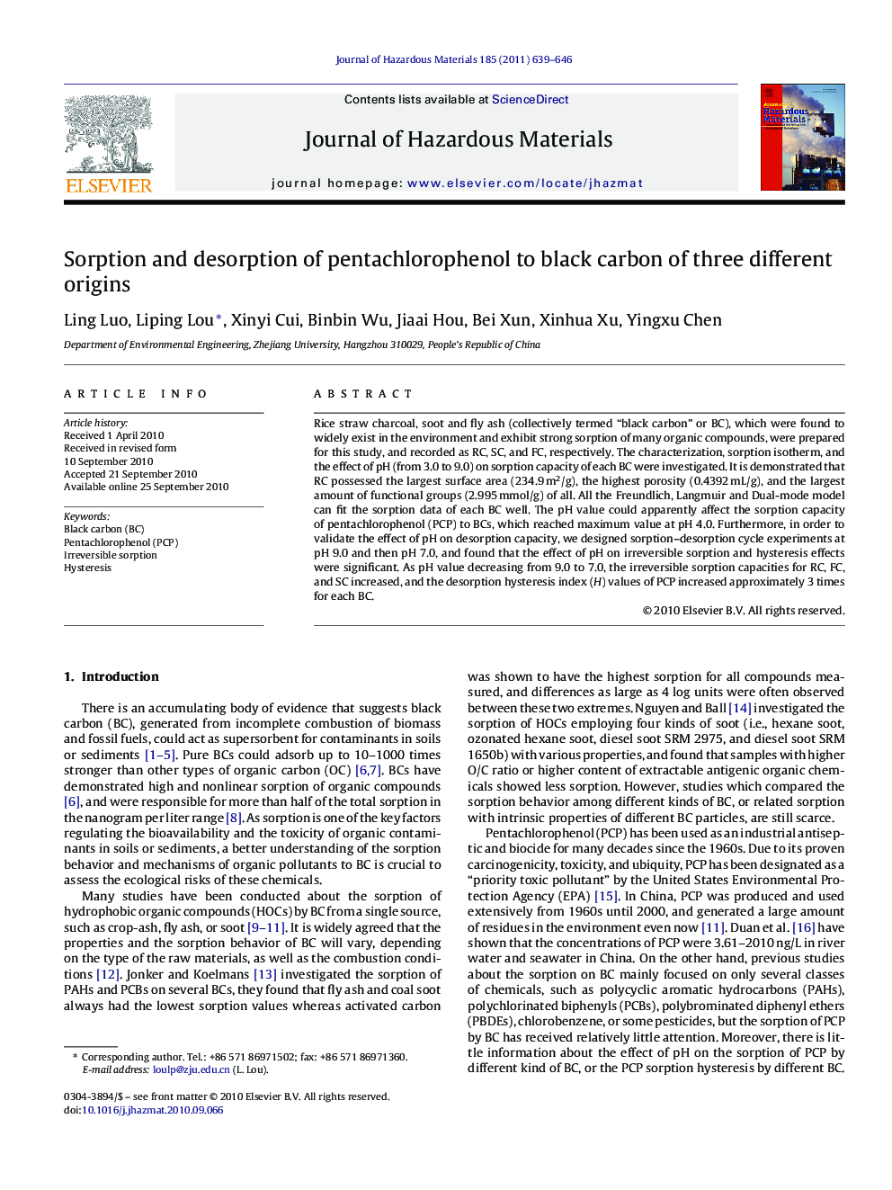 Sorption and desorption of pentachlorophenol to black carbon of three different origins