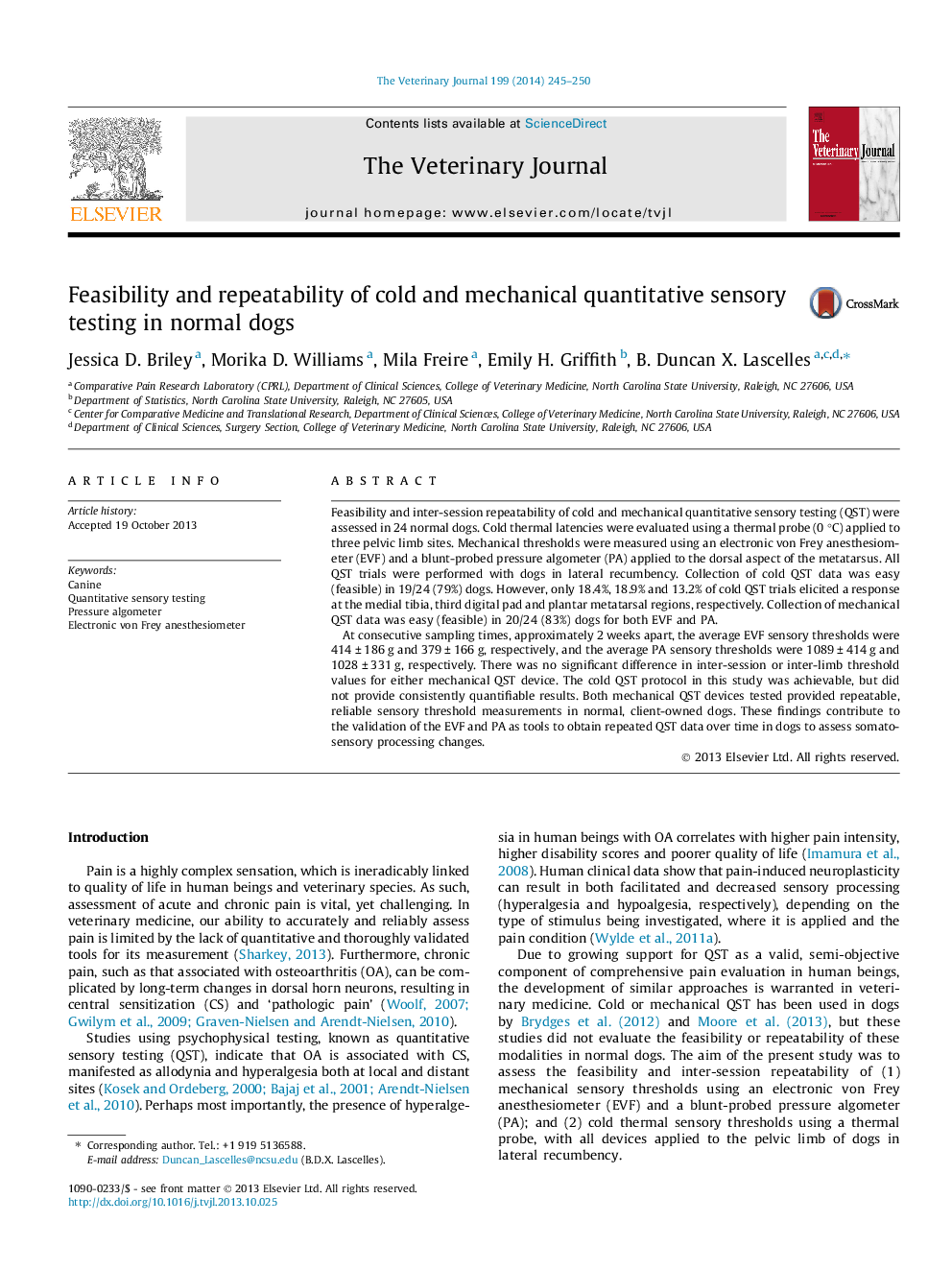 امکان سنجی و تکرارپذیری تست حسیتی سرد و مکانیکی در سگهای معمولی 